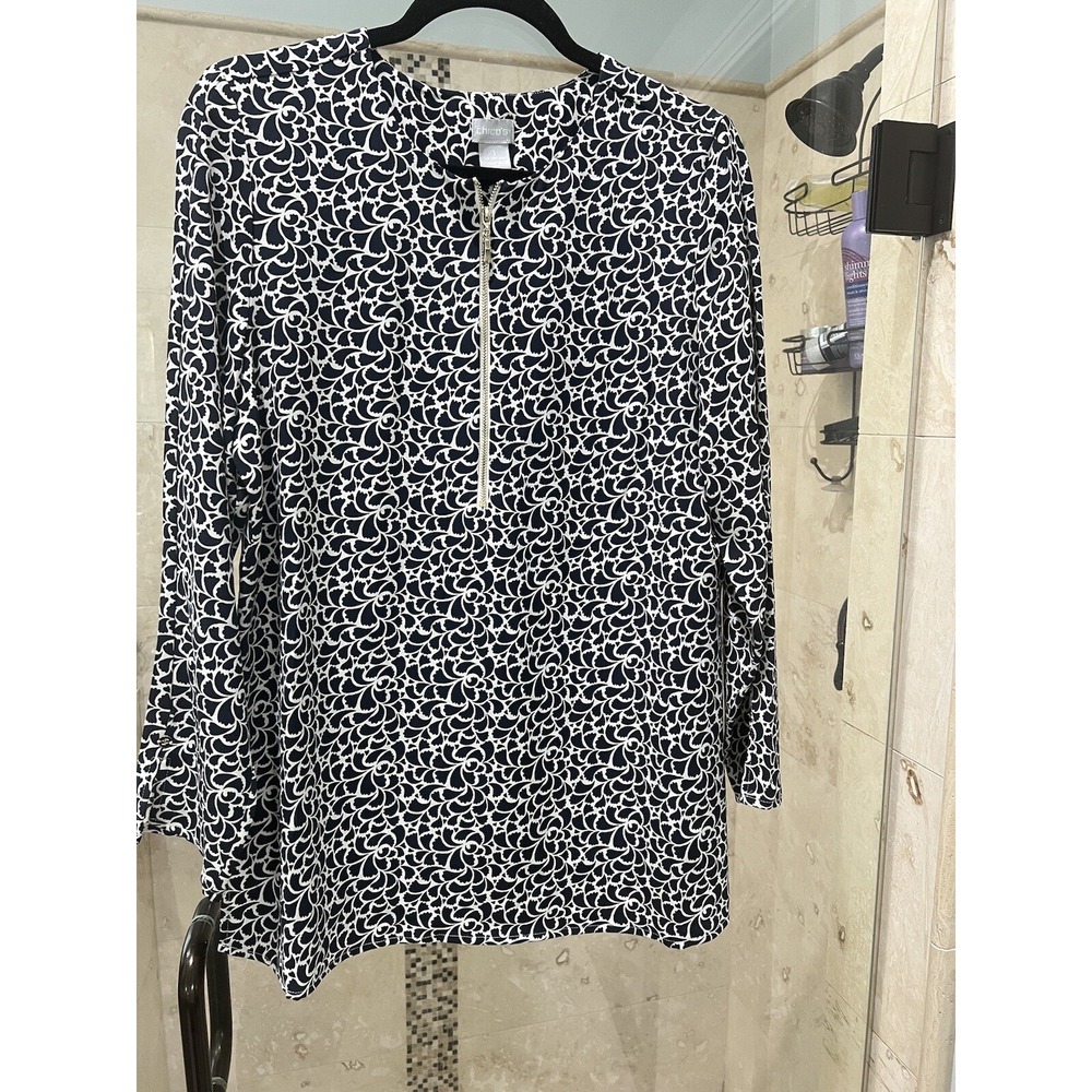 Chicos Blue White Floral Gold Zip Neckline Blouse Size 1 M Long Sleeve